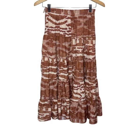 ULLA Johnson 0 Women's 100% Silk Aisa Tiered A Line Midi Skirt Fawn Ikat Print - Picture 3 of 16